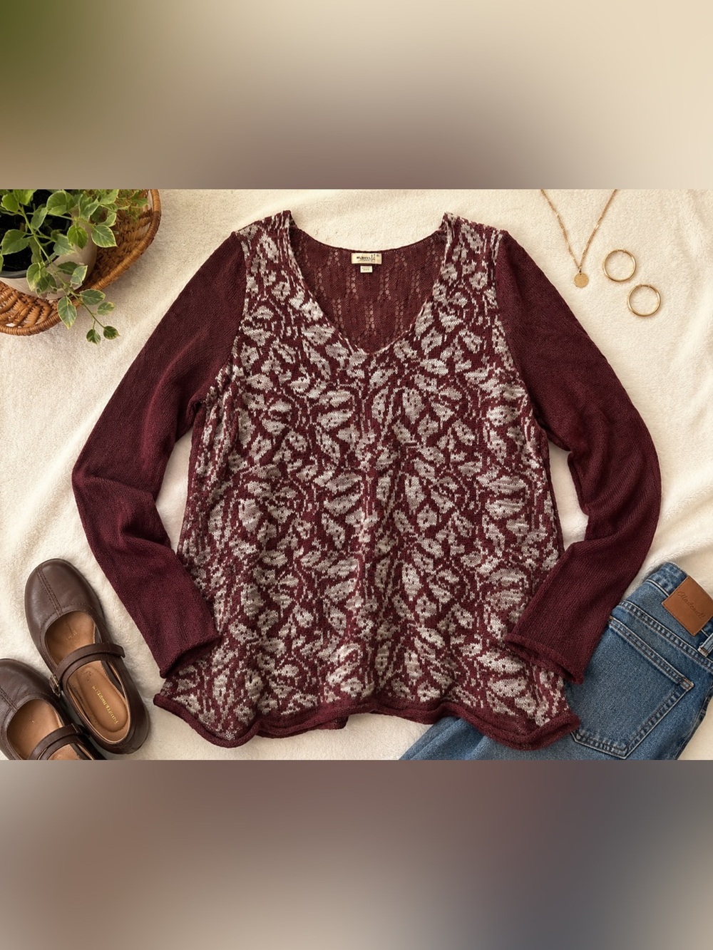 One World  XL Burgundy Cream Boho Knit V Neck